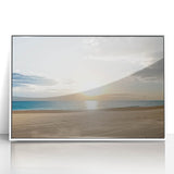 Framed acrylic artwork depicting a serene beach landscape with vibrant colors, perfect for enhancing home decor. The piece features soft waves and a clear sky, creating a calming atmosphere ideal for beach lovers.