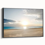 Framed canvas artwork showcasing a vibrant beach landscape with vivid blue skies and golden sands, featuring a sleek black frame for modern decor. Perfect for beach-themed interiors.