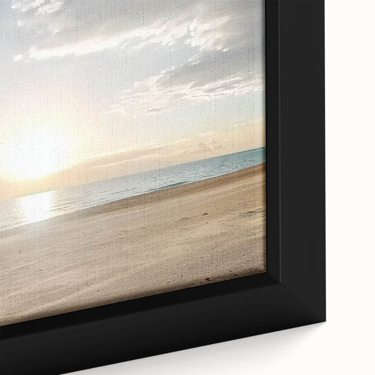Close-up of a beautifully framed landscape canvas depicting serene beaches with vibrant colors, enhancing any decor with its calming oceanic theme. Perfect for coastal-inspired interiors.