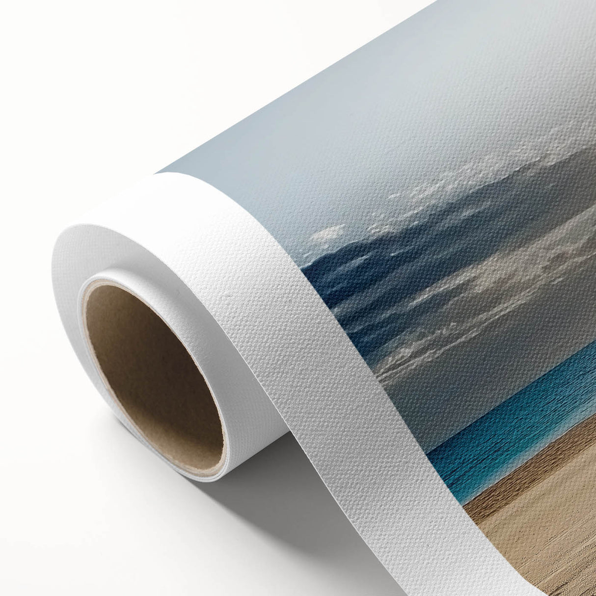 Colorful landscape canvas artwork depicting serene beach scenery with vibrant skies and gentle waves, elegantly rolled in a protective tube for easy display.