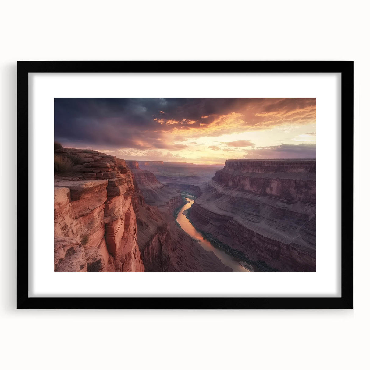 Landscape wall art featuring a stunning canyon scene, framed with a sleek black mat. Ideal for enhancing home decor, this artwork captures the beauty of nature.
