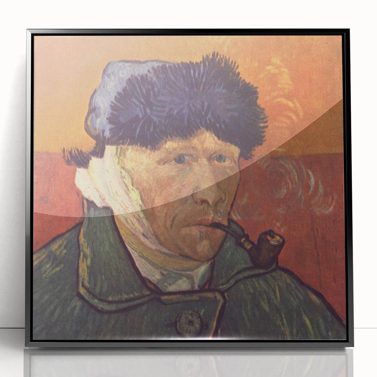 Large abstract wall art featuring swirling blue and yellow patterns, framed in black acrylic.
