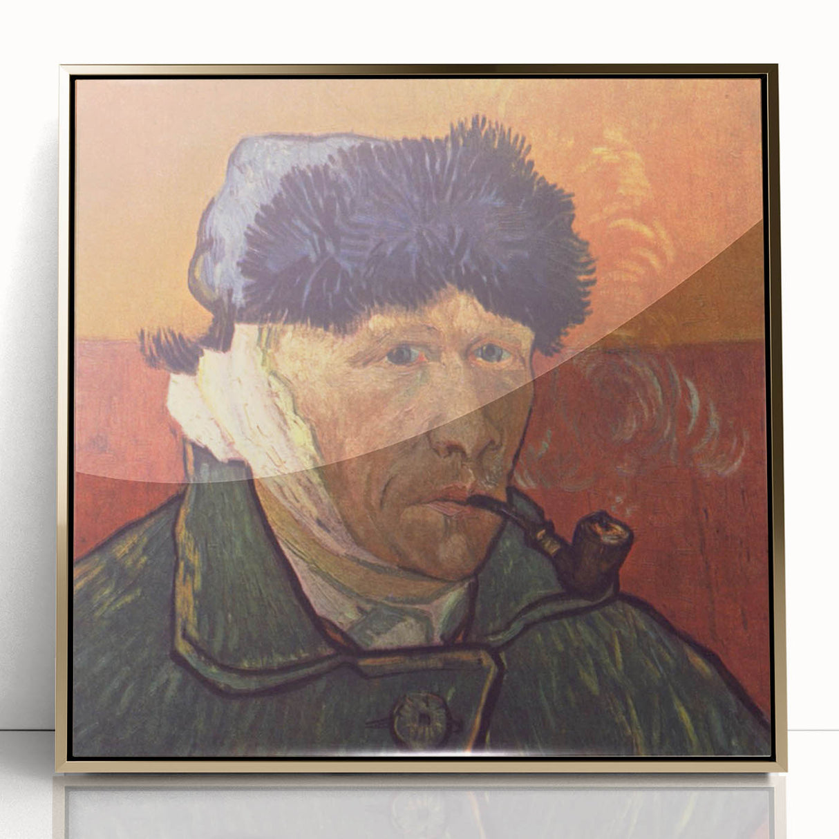 Large art print of a Van Gogh painting in a gold frame, featuring mid-century modernist style.