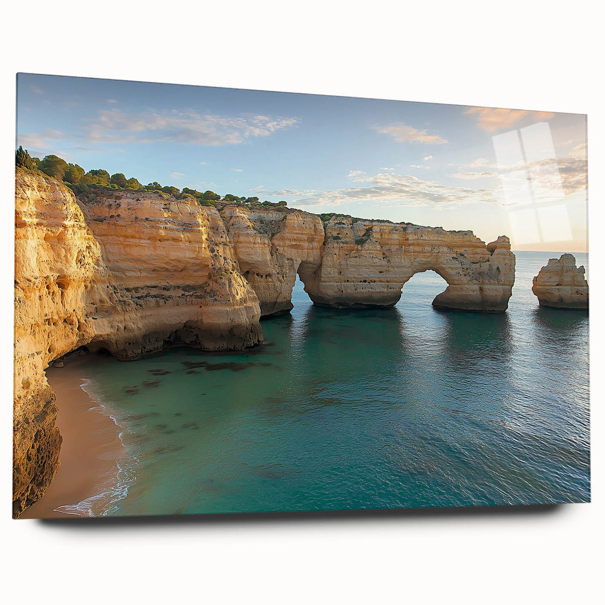 Vibrant acrylic landscape artwork depicting dramatic cliffs and a serene ocean view, presented in a sleek glass frame, perfect for modern home decor.