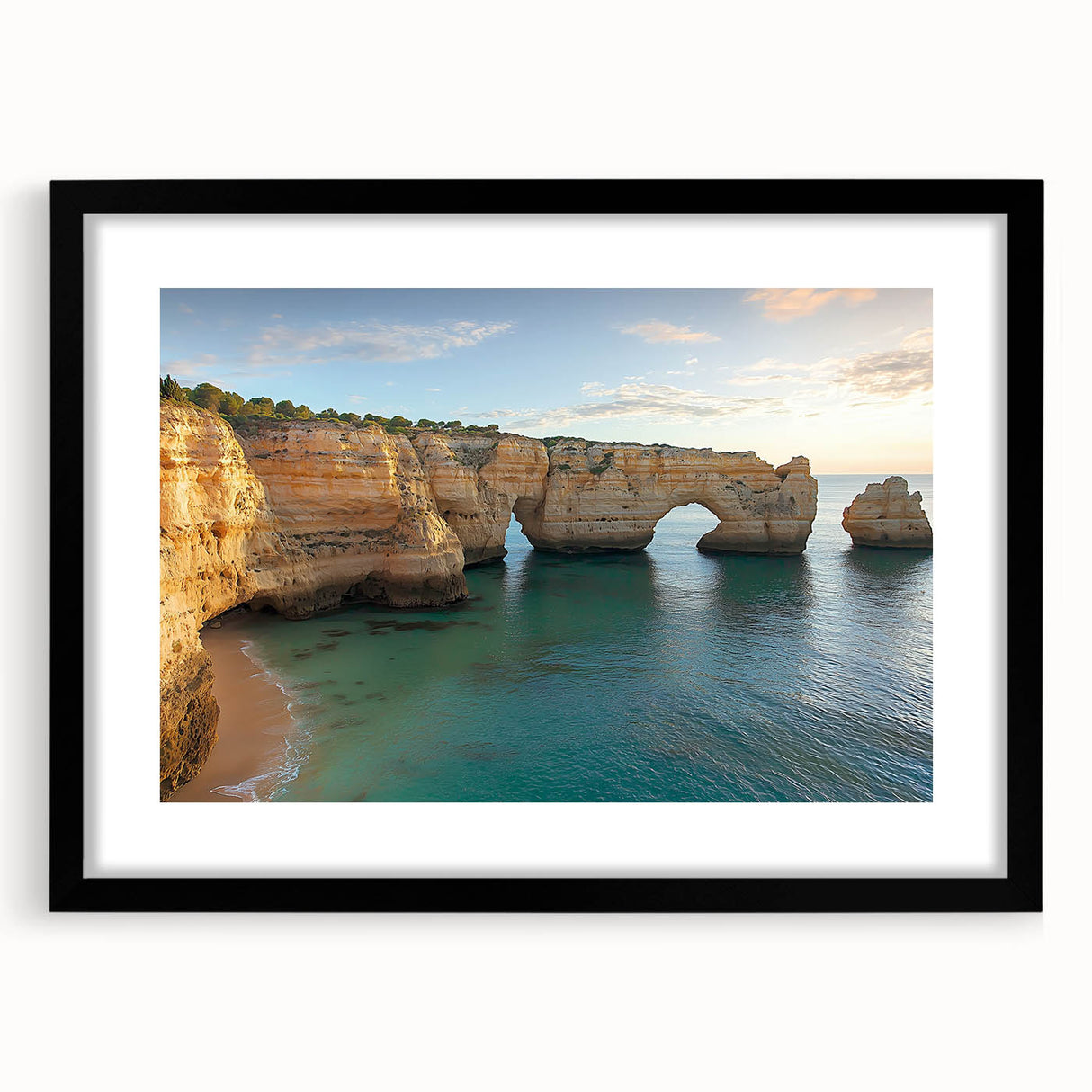 Black-framed landscape artwork showcasing dramatic cliffs and vibrant colors, elegantly matted for a refined presentation, ideal for home decor.