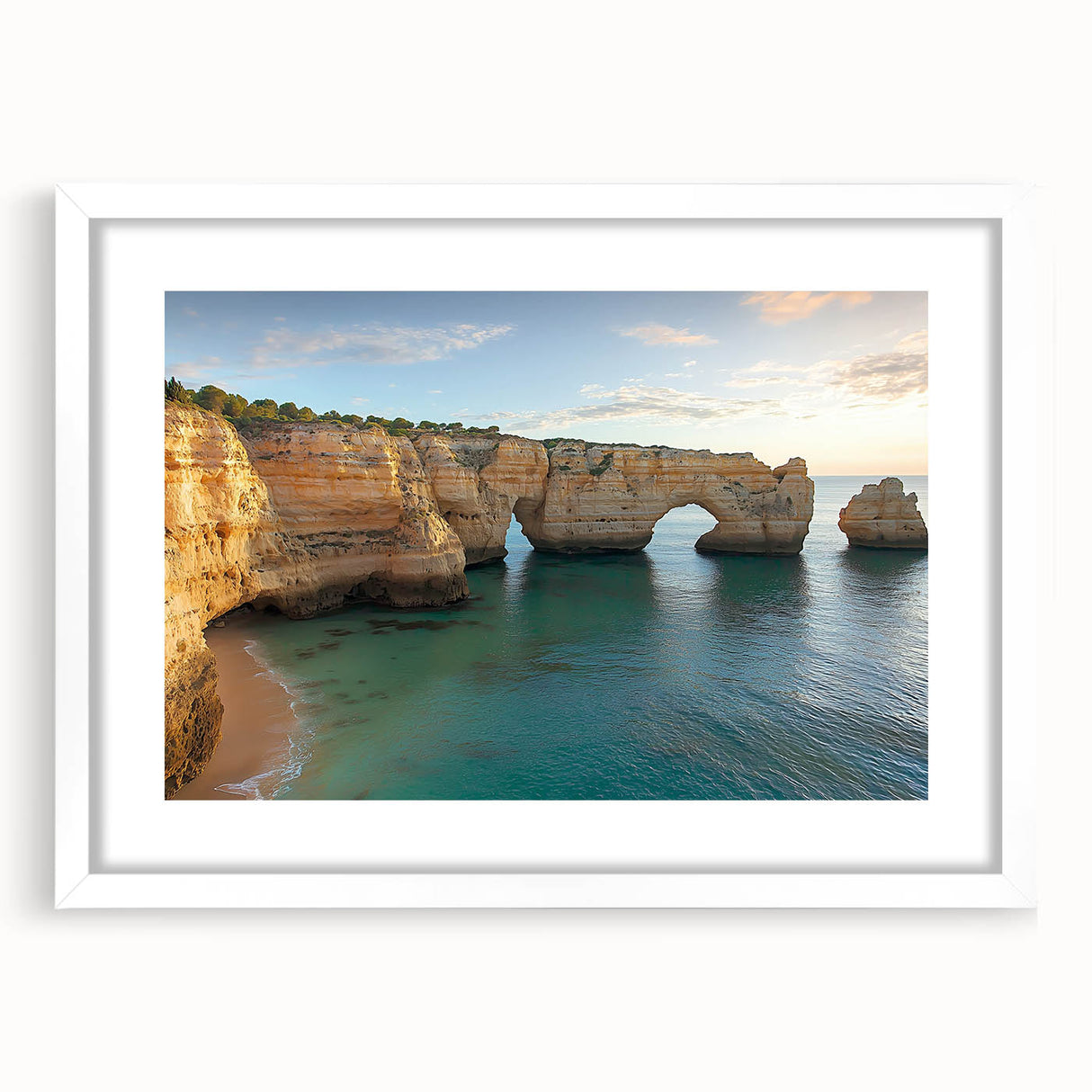 Framed landscape artwork depicting dramatic cliffs in vibrant colors, featuring a white mat for an elegant finish, perfect for enhancing home decor.