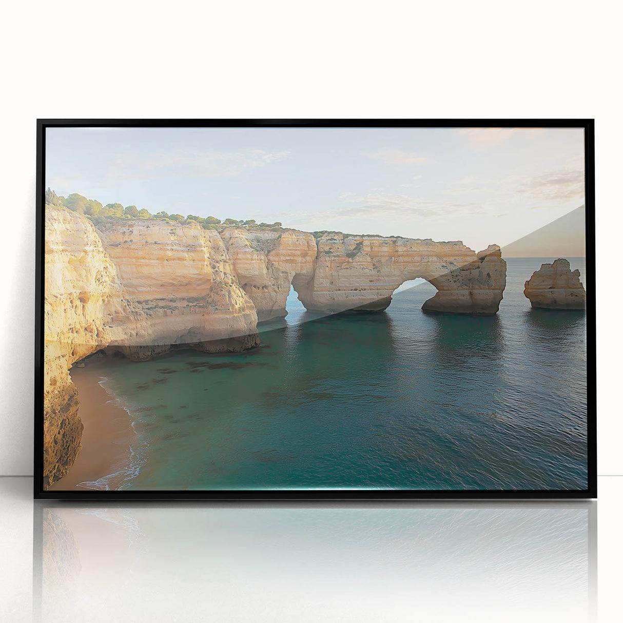 Framed acrylic artwork showcasing a dramatic landscape of cliffs, with a sleek black frame enhancing the vivid colors and details, perfect for modern home decor.