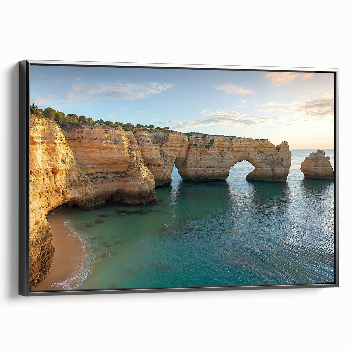 Framed canvas artwork depicting a stunning landscape of cliffs, showcasing vibrant colors and intricate details, presented in a sleek black frame, perfect for home decor.