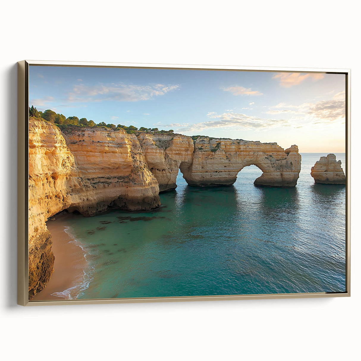 Framed canvas artwork featuring a dramatic landscape of cliffs with rich textures and golden accents, ideal for enhancing modern interior decor. The piece captures the essence of nature's beauty and elegance, suitable for any art lover's collection.