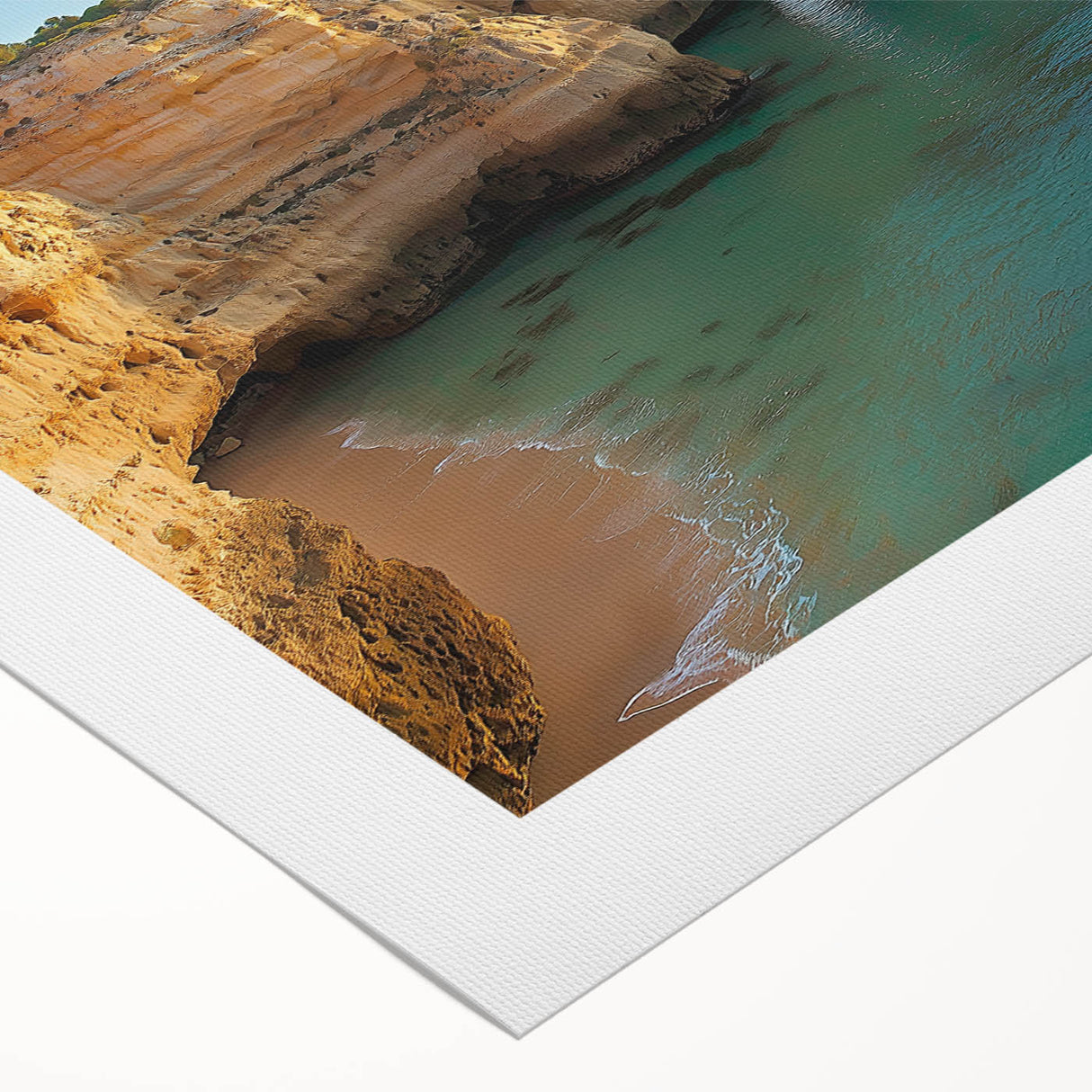 Vibrant rolled canvas artwork depicting majestic cliffs and serene landscapes, showcasing rich colors and intricate details, ideal for home decor or art enthusiasts.