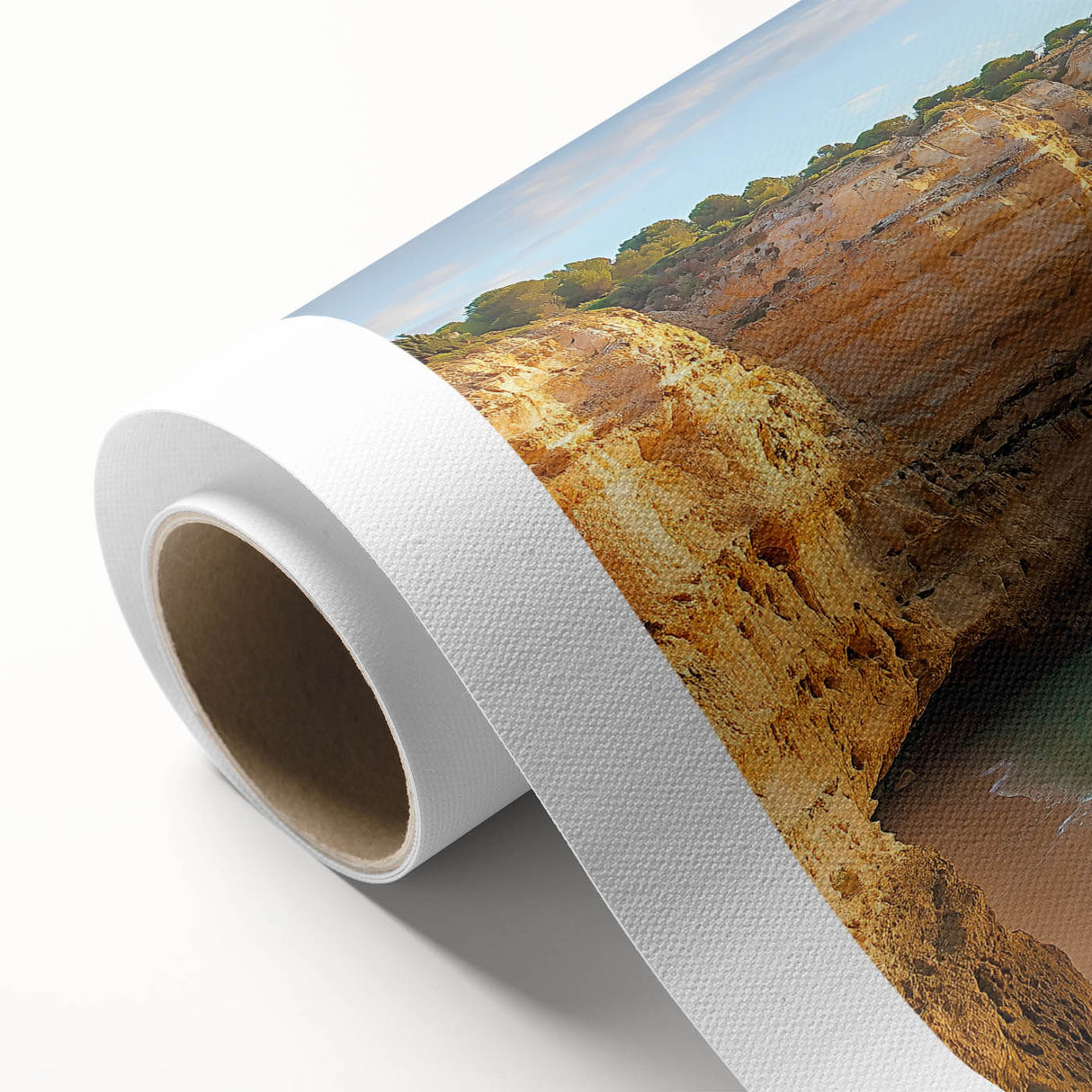 Vibrant rolled canvas artwork depicting a stunning cliff landscape with rich colors and intricate details, perfect for home decor or art enthusiasts, securely packaged.