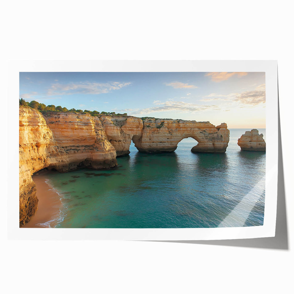 Stunning printed landscape artwork showcasing dramatic cliffs and a vibrant sky, rolled for shipping in a protective tube, ideal for home decor.