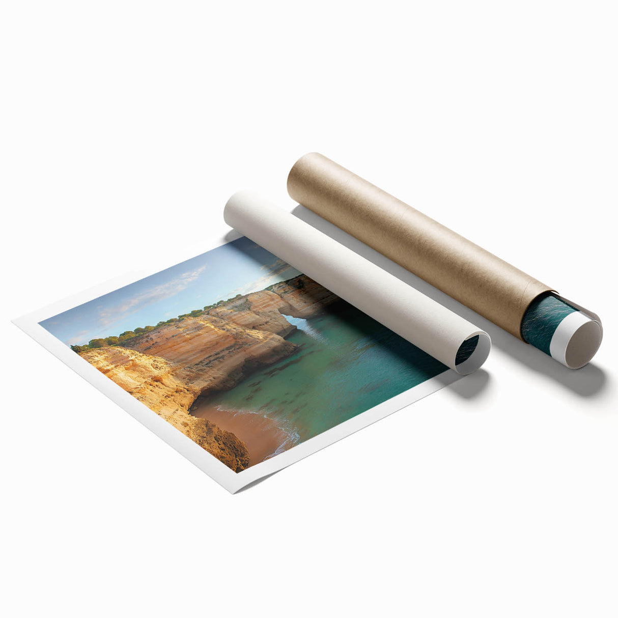 Vibrant rolled canvas print of dramatic cliffs under a colorful sunset, showcasing intricate details and rich textures, perfect for home decor enhancement.