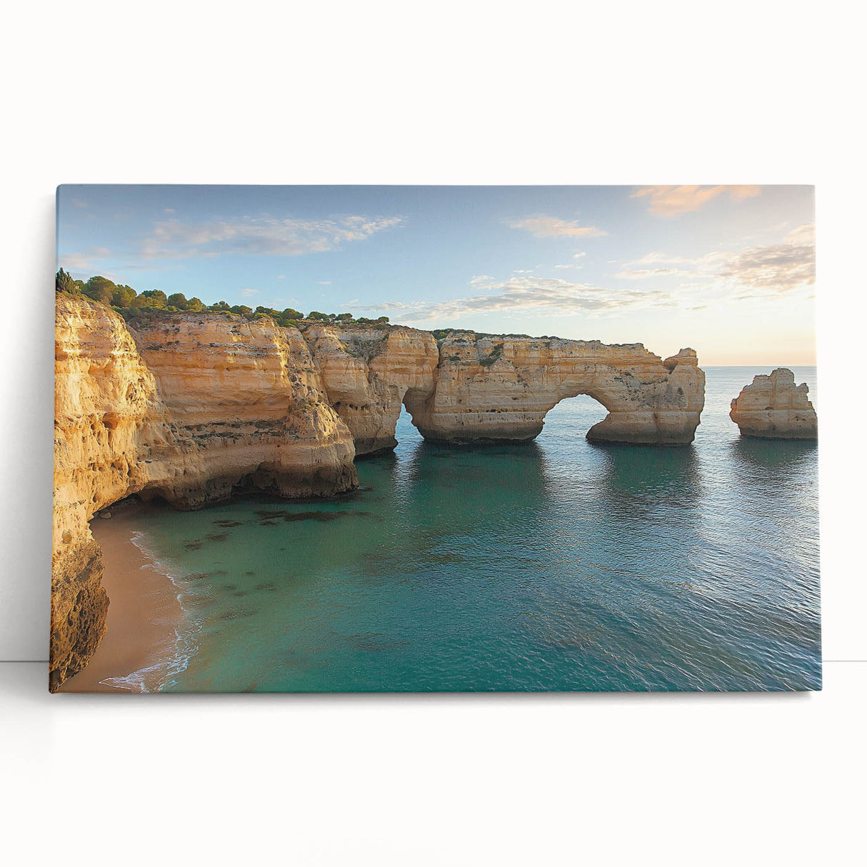 Stretched canvas artwork depicting a serene landscape with dramatic cliffs and vibrant colors, perfect for enhancing modern home decor and creating a calming atmosphere.