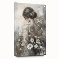 Abstract figurative acrylic artwork displayed in a glass frame, highlighting vibrant colors and dynamic shapes, accented by decorative pins for a modern touch. Ideal for contemporary art lovers seeking a unique home decor piece.