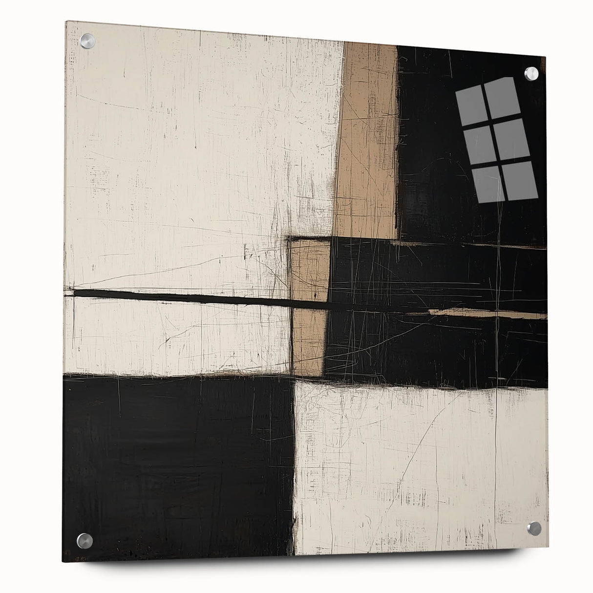 Abstract geometric acrylic glass artwork featuring vibrant colors and sharp angles, showcased from the side with decorative pins, perfect for modern decor.