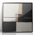 Framed acrylic artwork showcasing an abstract geometric design in black tones, highlighting sharp angles and vibrant contrasts, perfect for modern decor.