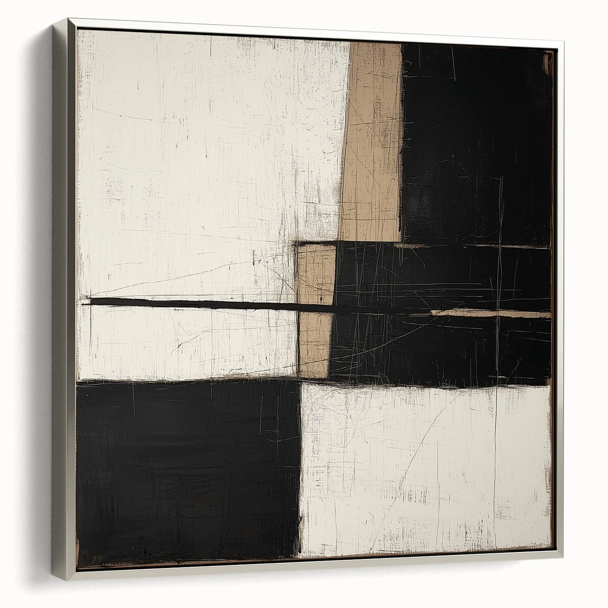 Abstract geometric framed canvas artwork showcasing a silver color palette, displayed from a side view, highlighting its modern design and elegant frame.