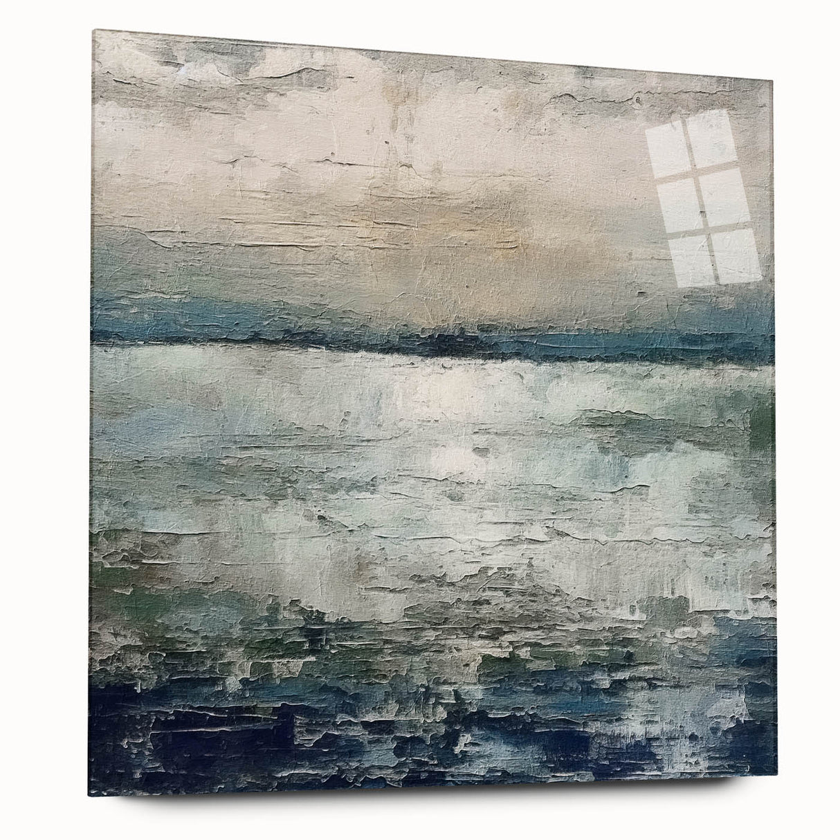 Abstract landscape wall art print displayed in side view, featuring vibrant colors and fluid shapes, set in a sleek acrylic glass frame, perfect for modern decor.