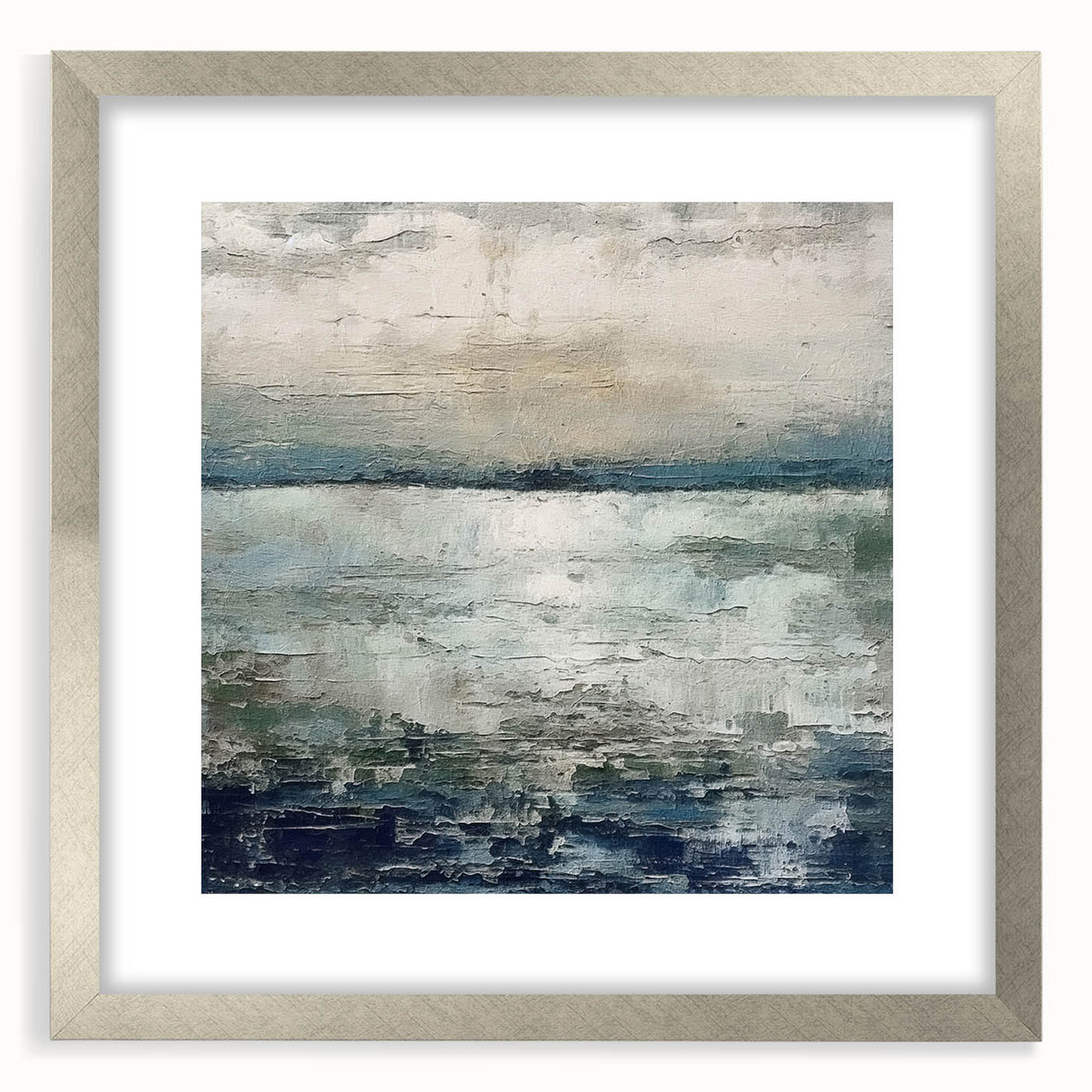 Framed abstract landscape wall art featuring soft silver matting and a sleek silver frame, showcasing colorful hues that evoke tranquility, perfect for modern decor.