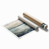 Abstract landscape wall art print showcasing vibrant colors of blue, green, and orange, emphasizing dynamic shapes and textures, rolled in protective packaging for safe shipping.