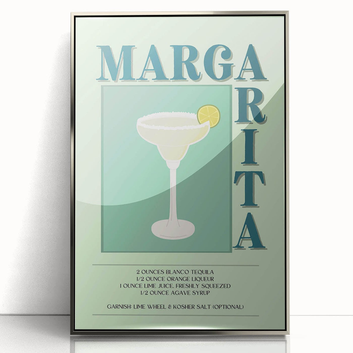 Large art print of mid-century modernist food and drinks, in muted colors on framed acrylic.