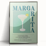 Large art print of mid-century modernist food and drinks, in muted colors on framed acrylic.