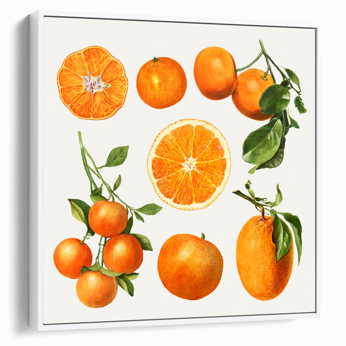Vintage poster art of assorted fruits in vibrant colors on a large framed canvas, suitable for living room decor.