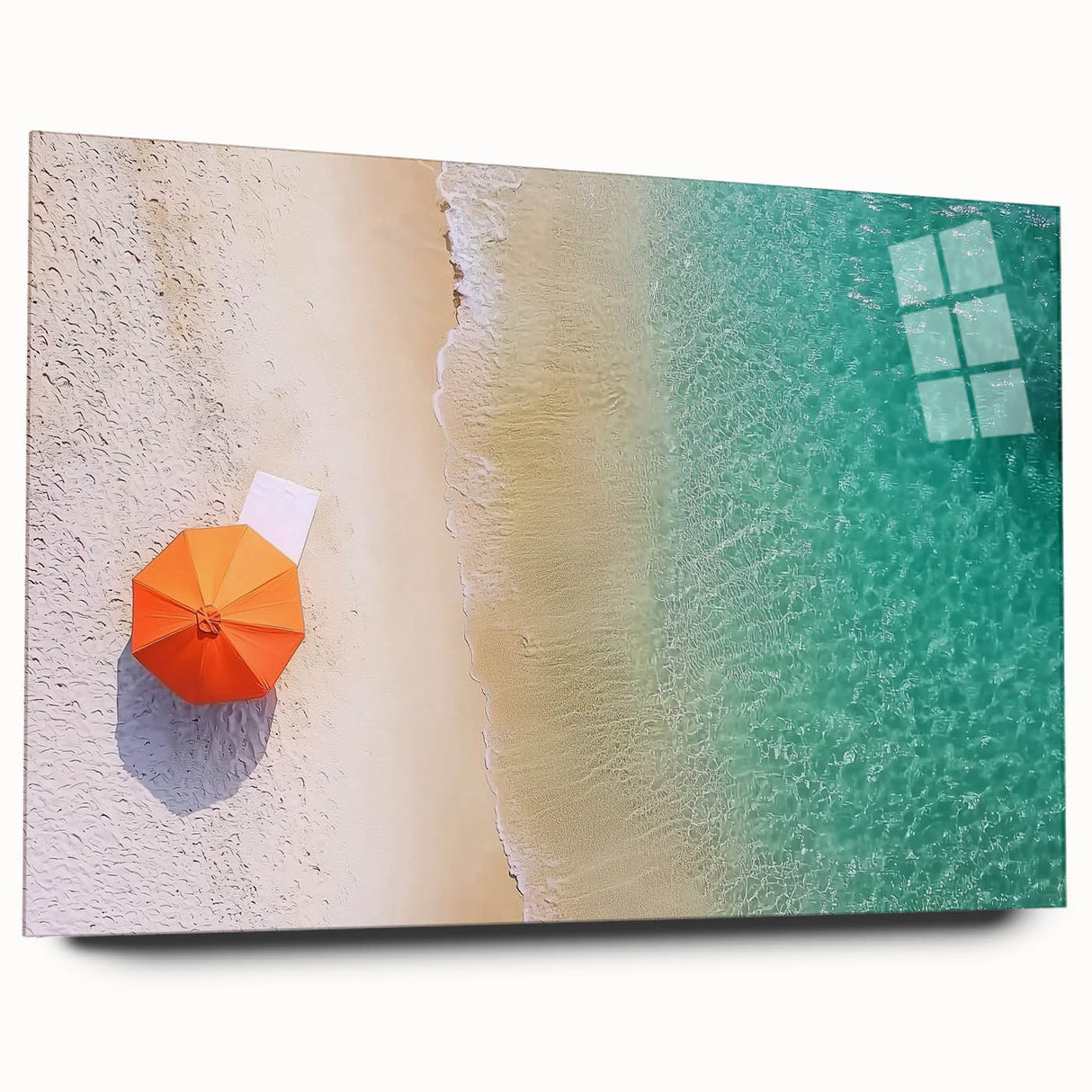 Acrylic glass landscape art depicting serene beaches with vibrant colors, showcased in a side view without pins, perfect for home decor and beach-themed interiors.