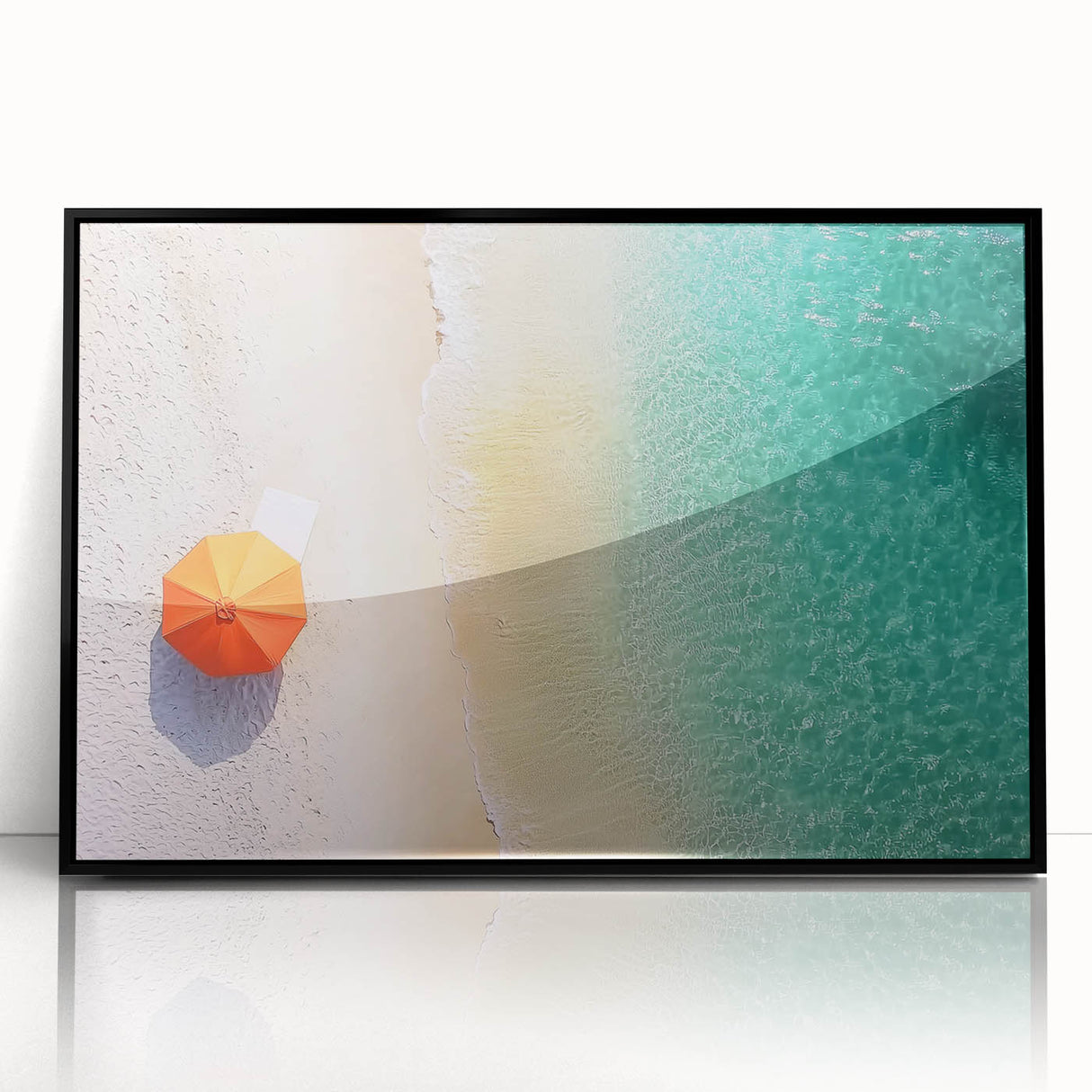Framed acrylic artwork depicting a serene beach landscape with vibrant colors, black frame enhancing the coastal scene's beauty, ideal for home decor.