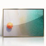 Framed acrylic artwork depicting a serene beach landscape with golden hues and gentle waves, perfect for coastal-themed decor, enhancing any space with tranquility.