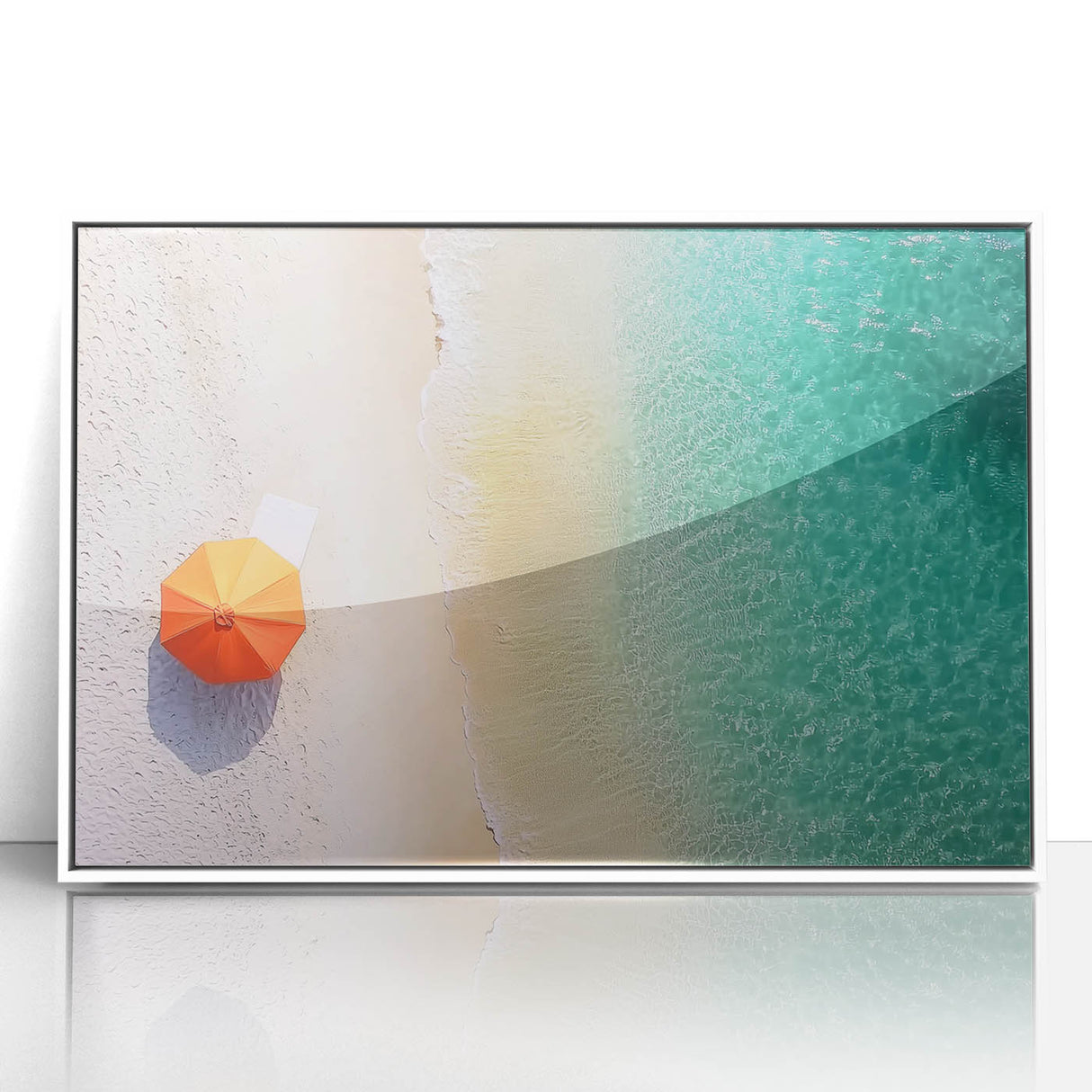 Framed acrylic landscape artwork showcasing serene beach scenery, with vibrant colors and white borders, perfect for home decor enthusiasts and beach lovers.
