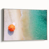 Framed canvas artwork showcasing a serene beach landscape with vibrant colors, silver frame accentuating the scene, perfect for home decor and relaxation.