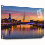 Elegant acrylic glass landscape bridge design showcasing vibrant colors and intricate details, displayed from a side view with visible pins for secure mounting.