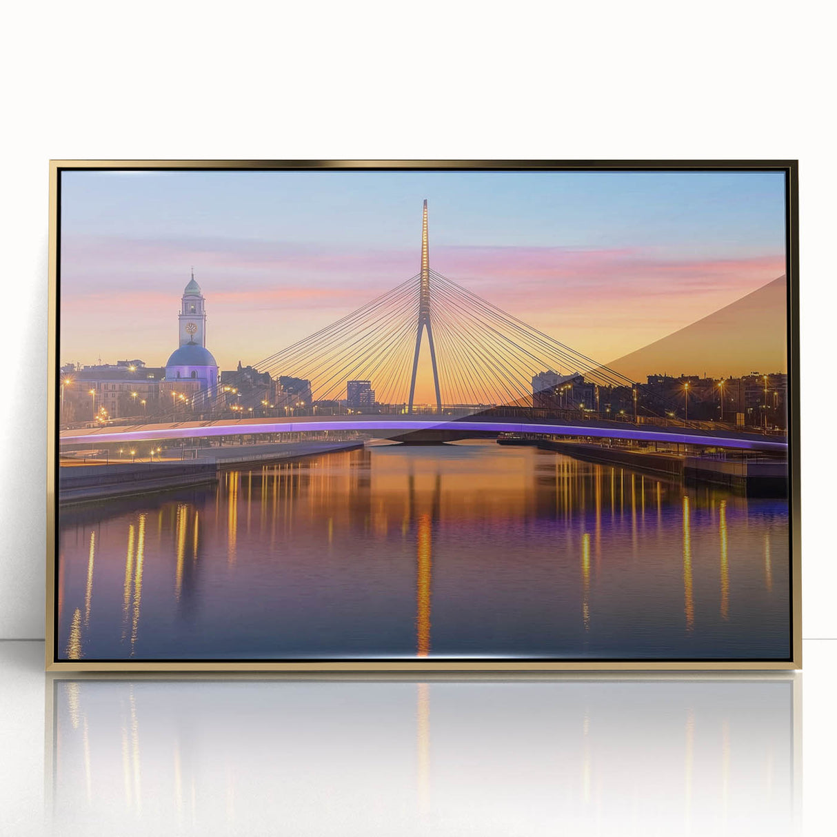 Framed acrylic artwork of a scenic landscape bridge in gold tones, showcasing intricate details and a vibrant color palette, ideal for modern home decor.