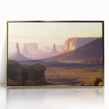 Framed acrylic landscape artwork depicting vibrant canyons in gold and earthy tones, ideal for modern home decor and art enthusiasts. Perfect for adding a touch of elegance to any living space.