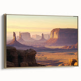 Framed canvas artwork depicting a stunning landscape of canyons, showcasing rich earthy tones and gold accents, perfect for enhancing any modern home decor.