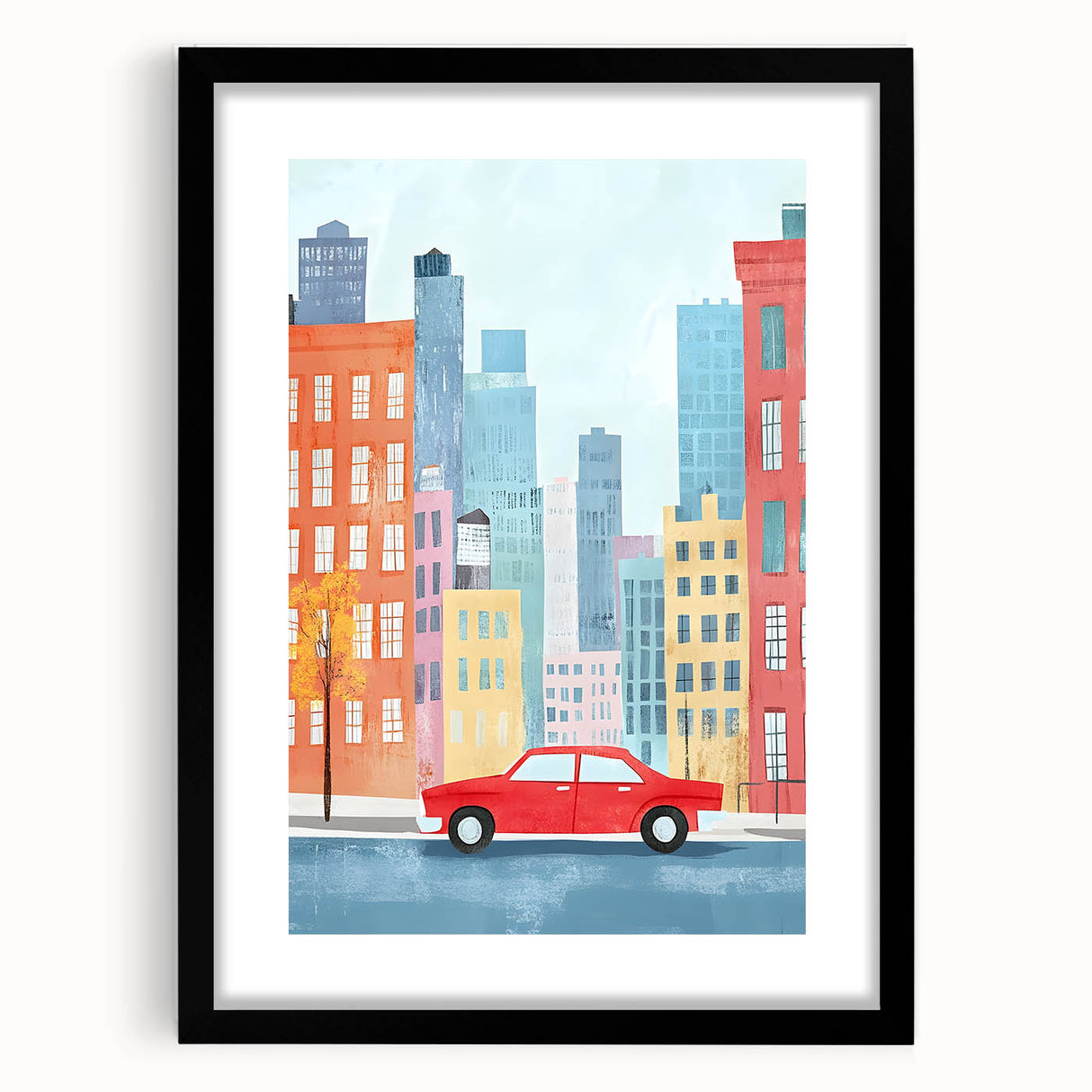 Cityscape Red Car Nursery Wall Art – Kids Room & Baby Decor