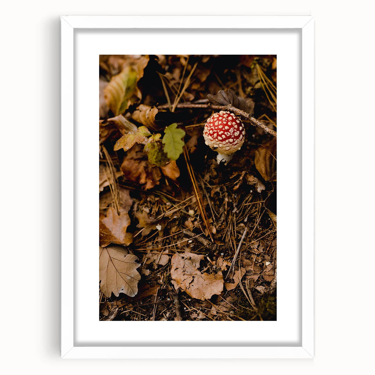 Abstract art print depicting swirling autumn colors in muted orange and brown on a white framed canvas.