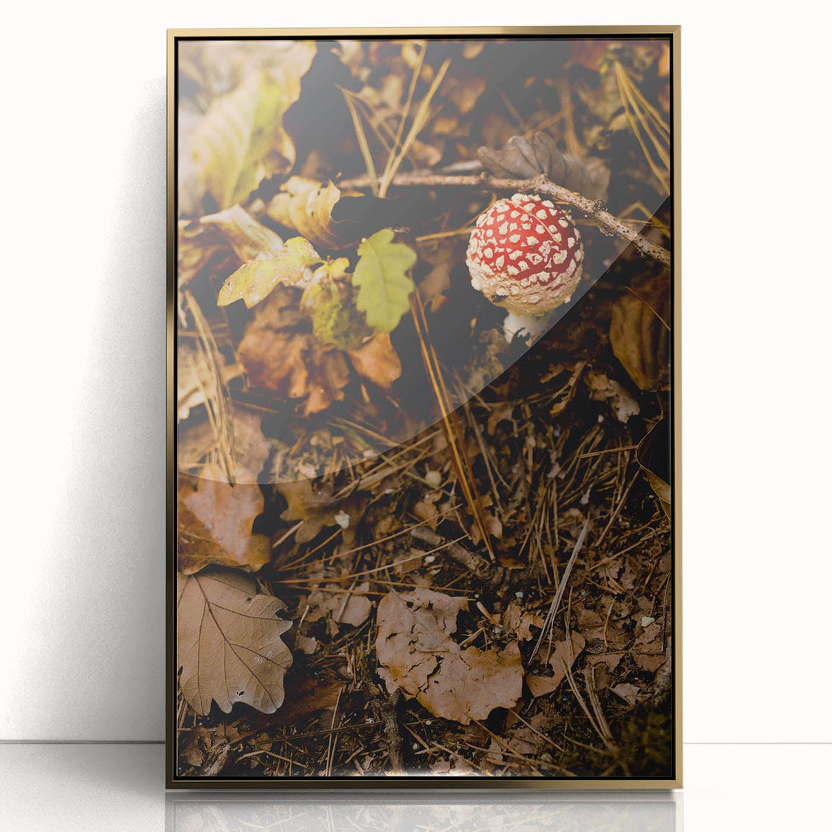 Mid-century modernist large art print of an abstract fall landscape in warm gold tones, framed acrylic.