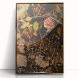 Mid-century modernist large art print of an abstract fall landscape in warm gold tones, framed acrylic.