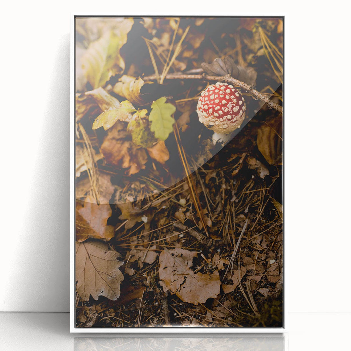 Art deco poster featuring a stylized fall landscape in orange and brown tones on a white acrylic framed canvas.