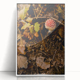 Art deco poster featuring a stylized fall landscape in orange and brown tones on a white acrylic framed canvas.