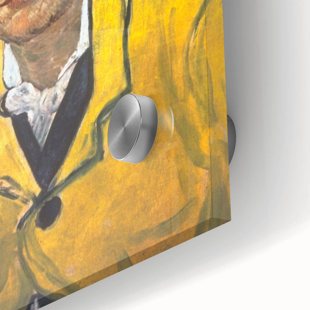 Large abstract wall art print inspired by mid-century modernism on acrylic glass, featuring swirling blue and yellow tones.