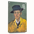 Acrylic print of a Van Gogh-inspired abstract painting in blues and yellows, suitable for bedroom or dining room decor.