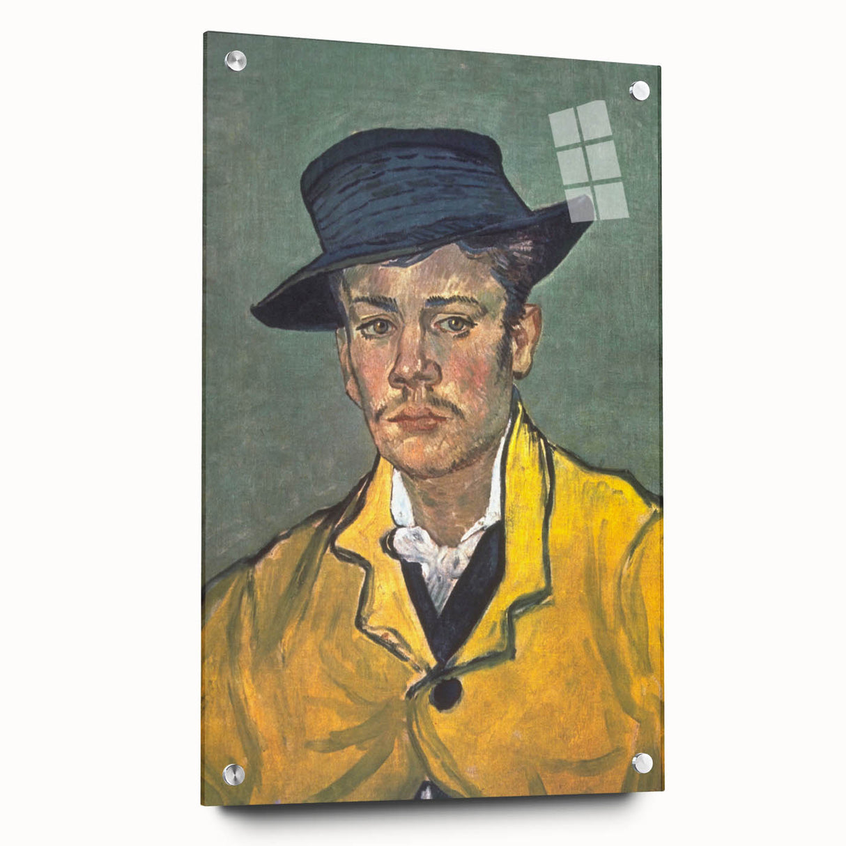Acrylic print of a Van Gogh-inspired abstract painting in blues and yellows, suitable for bedroom or dining room decor.