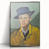 Mid-century modernist art depicting a Van Gogh-inspired scene in muted blues and yellows, framed in silver acrylic.