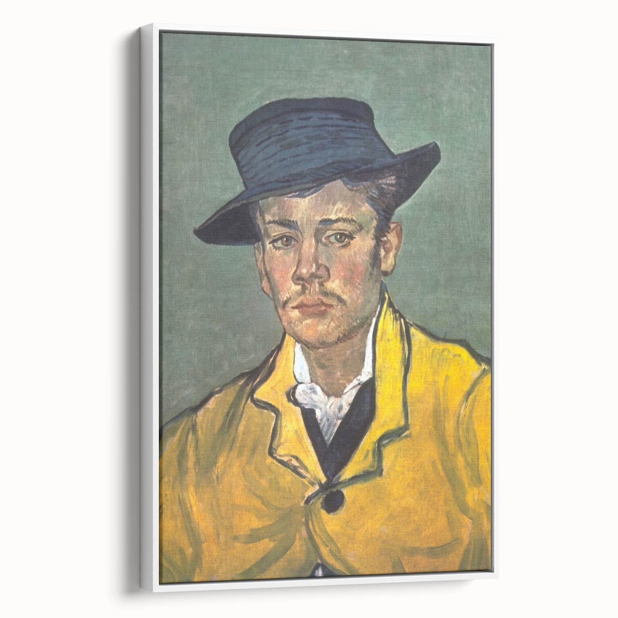 Vintage poster art of Van Gogh's Starry Night on a large framed canvas, featuring vibrant blue and yellow tones.