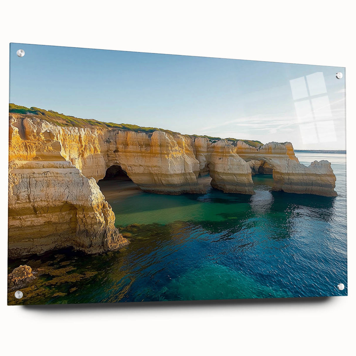 Acrylic landscape artwork showcasing dramatic cliffs in vibrant colors, mounted on glass with pins, perfect for modern decor in living spaces.