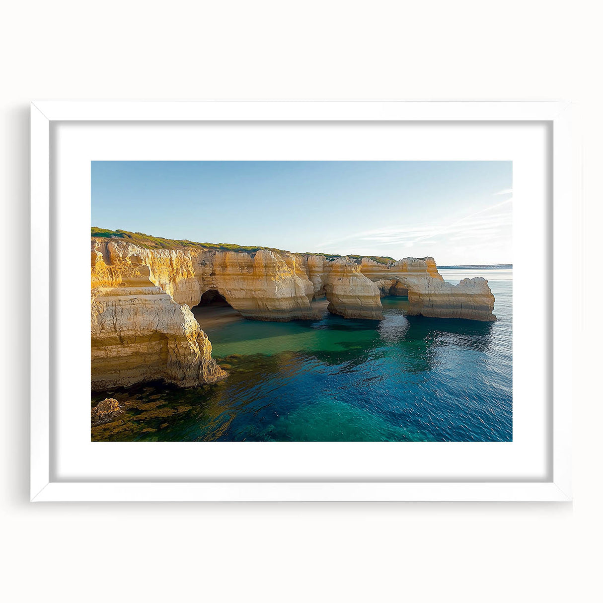 Framed landscape artwork showcasing dramatic cliffs with a white mat, perfect for modern home decor. Ideal for enhancing living spaces with nature-inspired aesthetics.